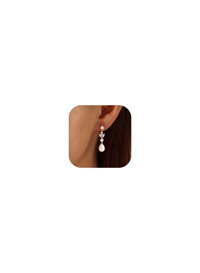 AYWFCBF Pearl Earrings for Women, 14k Gold Plated Trendy Diamond Pearl Drop Earrings Bridesmaids Brides Wedding jewelry for Women, one size, Brass, Cubic Zirconia - Image 1