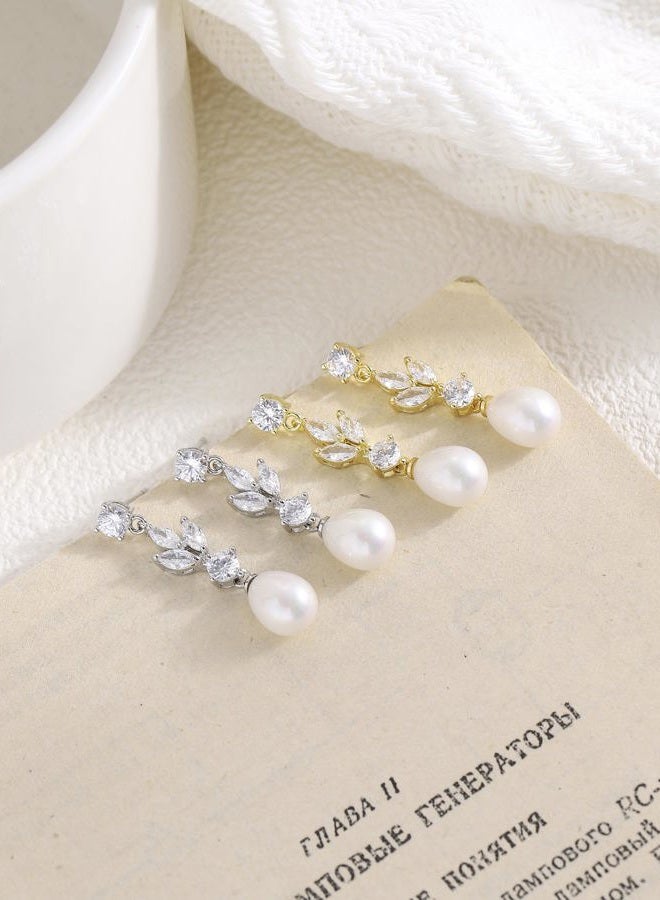 AYWFCBF Pearl Earrings for Women, 14k Gold Plated Trendy Diamond Pearl Drop Earrings Bridesmaids Brides Wedding jewelry for Women, one size, Brass, Cubic Zirconia - Image 2
