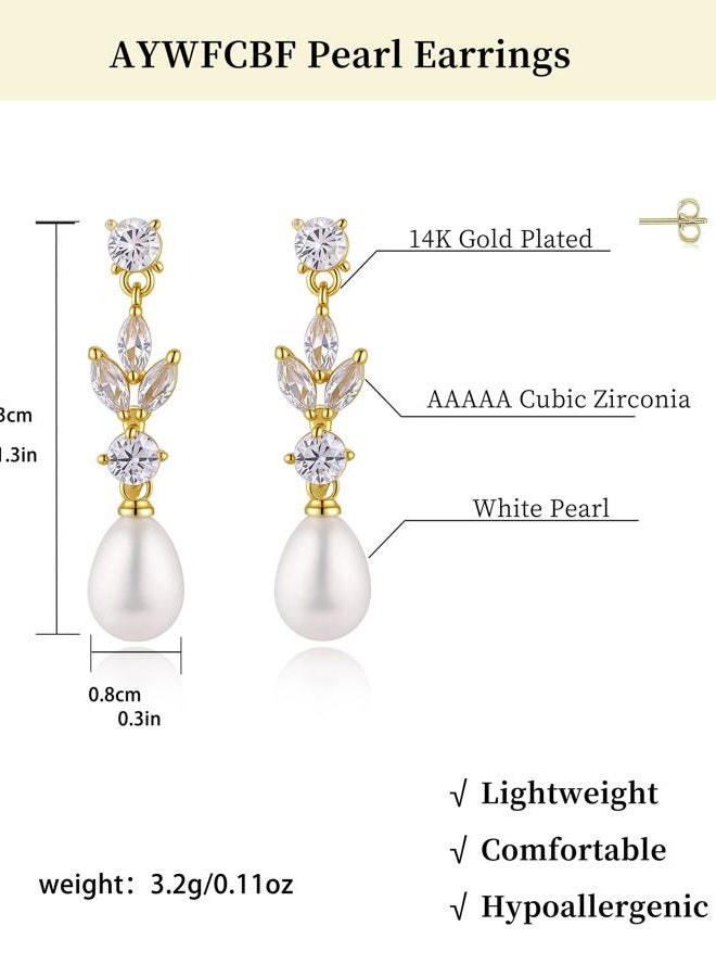 AYWFCBF Pearl Earrings for Women, 14k Gold Plated Trendy Diamond Pearl Drop Earrings Bridesmaids Brides Wedding jewelry for Women, one size, Brass, Cubic Zirconia - Image 3
