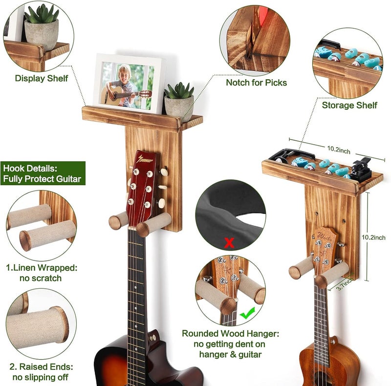 Keebofly 3-Pack Guitar Wall Mount Hangers - Rustic Wood Brown Guitar Stand with Pick Holder - Acoustic, Electric, Ukulele, Bass & Mandolin [Patented] - Image 5