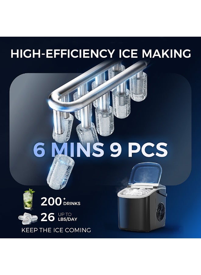 إيسيغلي Icyglee ماكينة صنع الثرج على الطاولة بمقبض، 9 قطع في 6 دقائق 12 كجم/24 ساعة، صانعة الثلج بخاصية التنظيف الذاتي ونافذة شفافة، الة الثلج المحمولة مع ملعقة ثلج وسلة للمنزل والمطبخ والمكتب - Image 2