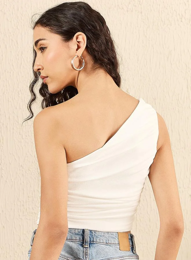 Uptownie White One Shoulder Gathered Crop Top