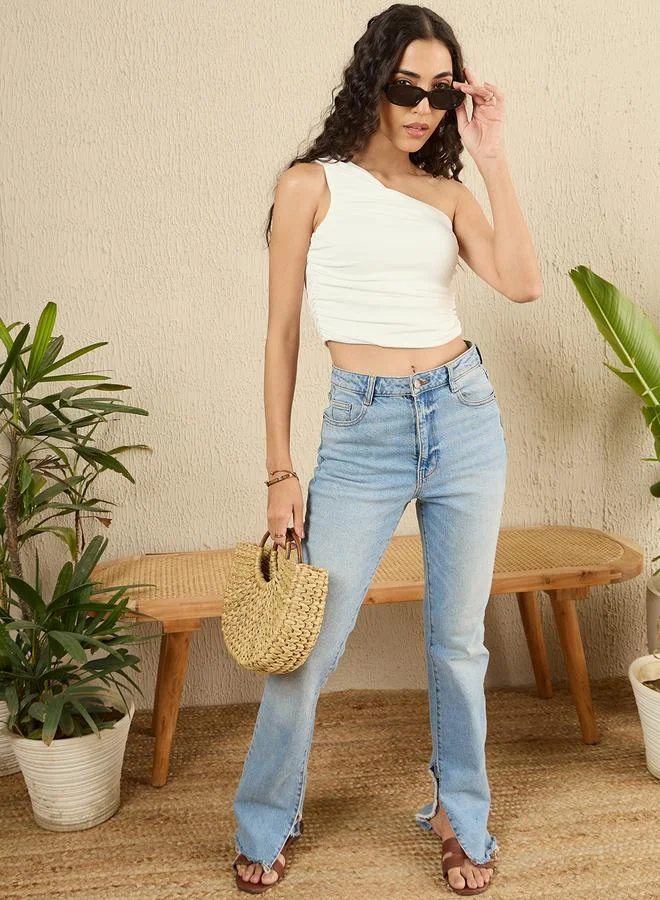Uptownie White One Shoulder Gathered Crop Top