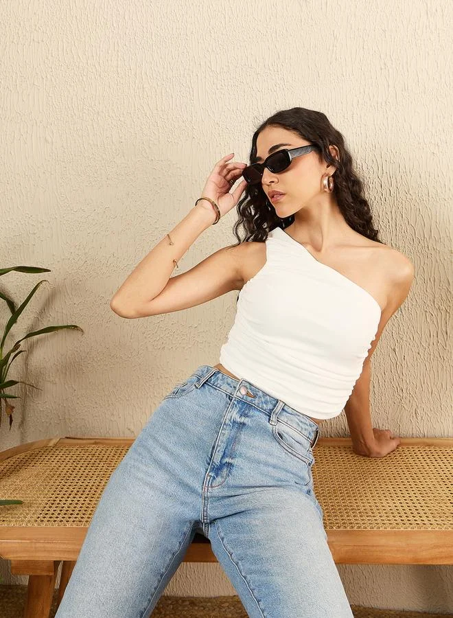 Uptownie White One Shoulder Gathered Crop Top