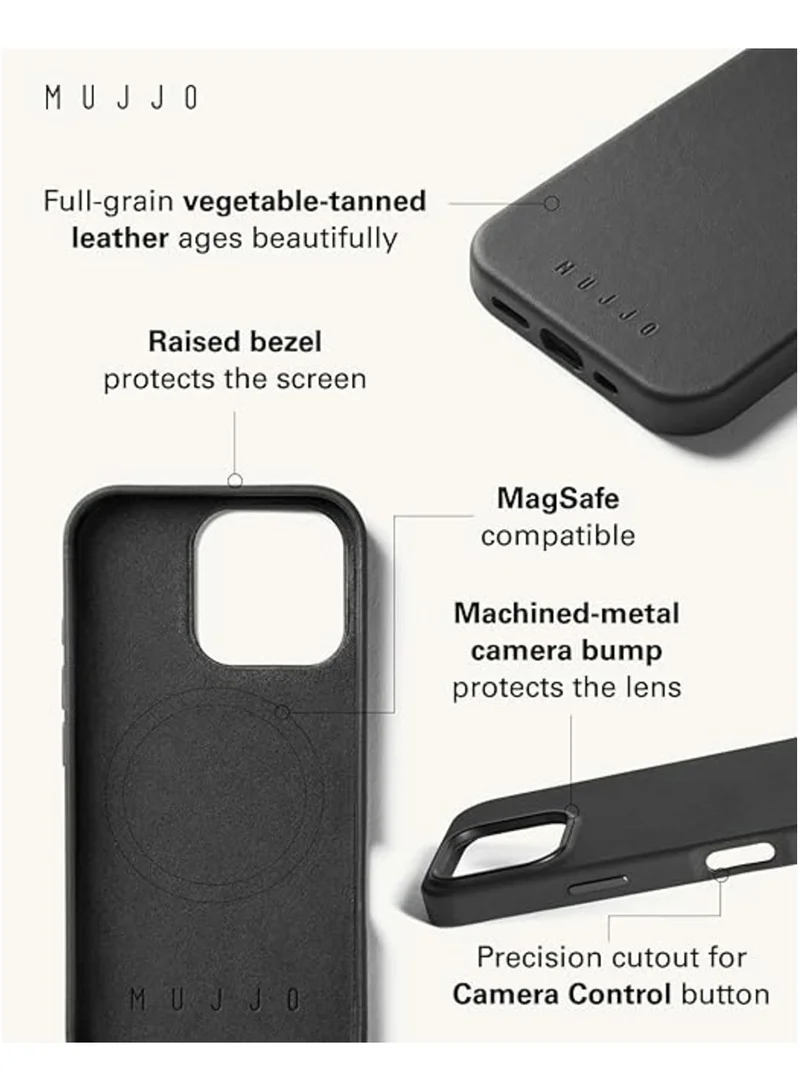 Mujjo Mujjo Leather Phone Case - Fits iPhone 16 Pro - MagSafe Compatible - Premium European Leather - Enhanced Phone & Camera Lens Protection - Crafted with Recycled Material - Slim Profile - Black