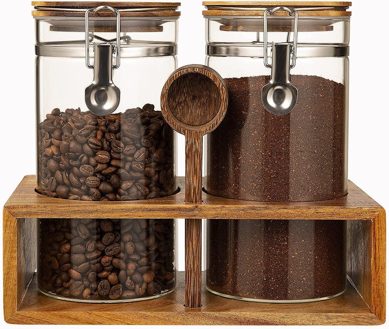 Yangbaga Glass Coffee Container with Wooden Shelf,2Ã—45OZ Coffee and Sugar Container Set,Coffee Canisters with Airtight Lids and Scoop,Large Capacity Food Storage Jars for Coffee Beans,Nuts,Tea,Sugar - Image 1