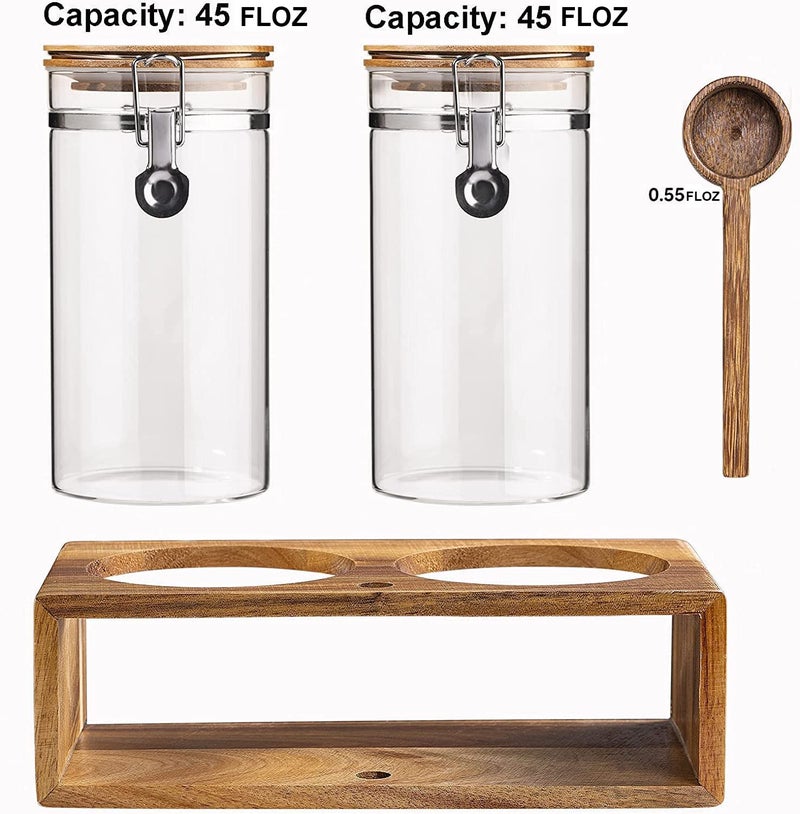 Yangbaga Glass Coffee Container with Wooden Shelf,2Ã—45OZ Coffee and Sugar Container Set,Coffee Canisters with Airtight Lids and Scoop,Large Capacity Food Storage Jars for Coffee Beans,Nuts,Tea,Sugar - Image 2