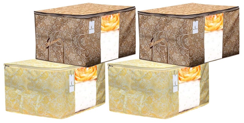 Kuber Industries Kuber Industries Metalic Printed 4 Piece Non Woven Fabric Underbed Storage BagCloth OrganiserBlanket Cover with Transparent Window Gold Beige CTKTC41111  - Image 1