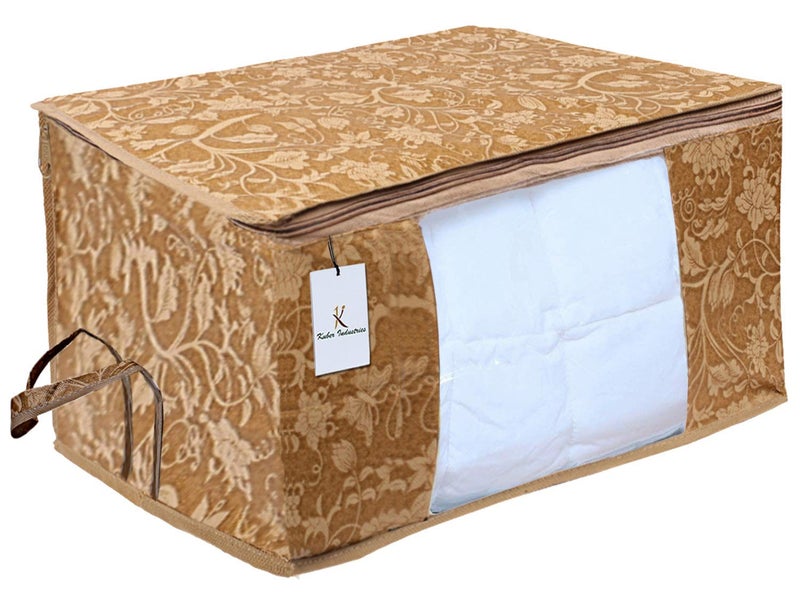 Kuber Industries Kuber Industries Metalic Printed 4 Piece Non Woven Fabric Underbed Storage BagCloth OrganiserBlanket Cover with Transparent Window Gold Beige CTKTC41111  - Image 4