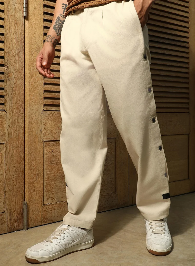 Campus Sutra Men's Off-White Side-Snap Straight Trousers