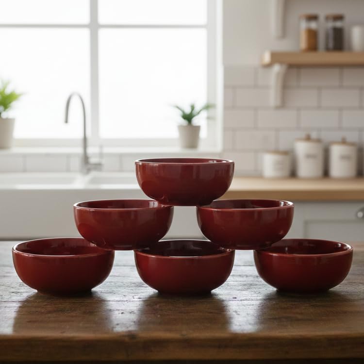BLACKCARROT Ceramic Bowl Set of 6 | Microwave & Dishwasher Safe | Pattern : Red | Ideal for Snacks, Soup, Rice, Dal, Curries, Sabji | Stoneware - Image 1