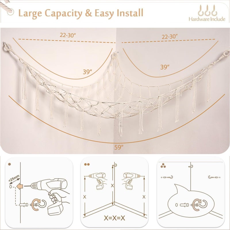 YKBU Stuffed Animals Hammock Corner Hanging Net Macrame Stuffed Animal Storage Plush Toy Holder Toy Organizer for Boho Nursery Playroom Bedroom Kids Room (cream, Large) - Image 5