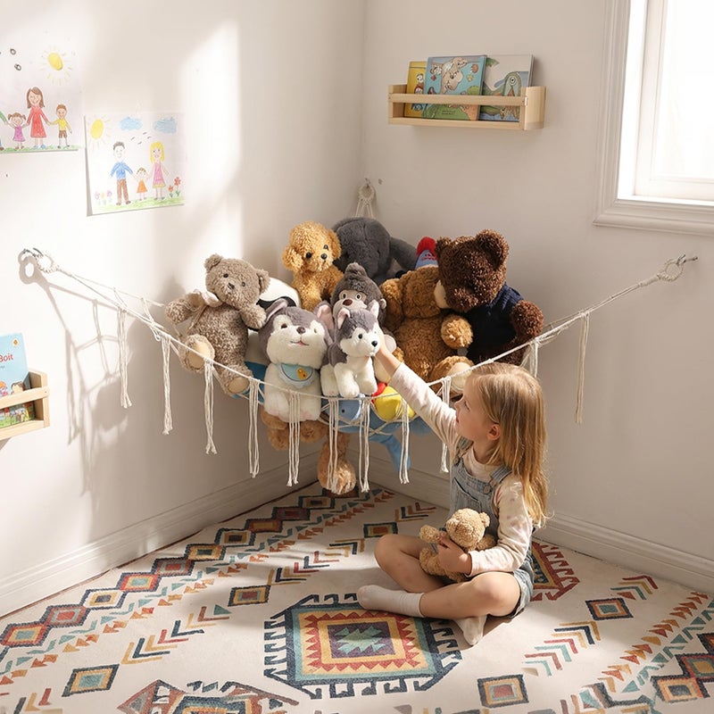 YKBU Stuffed Animals Hammock Corner Hanging Net Macrame Stuffed Animal Storage Plush Toy Holder Toy Organizer for Boho Nursery Playroom Bedroom Kids Room (cream, Large) - Image 1