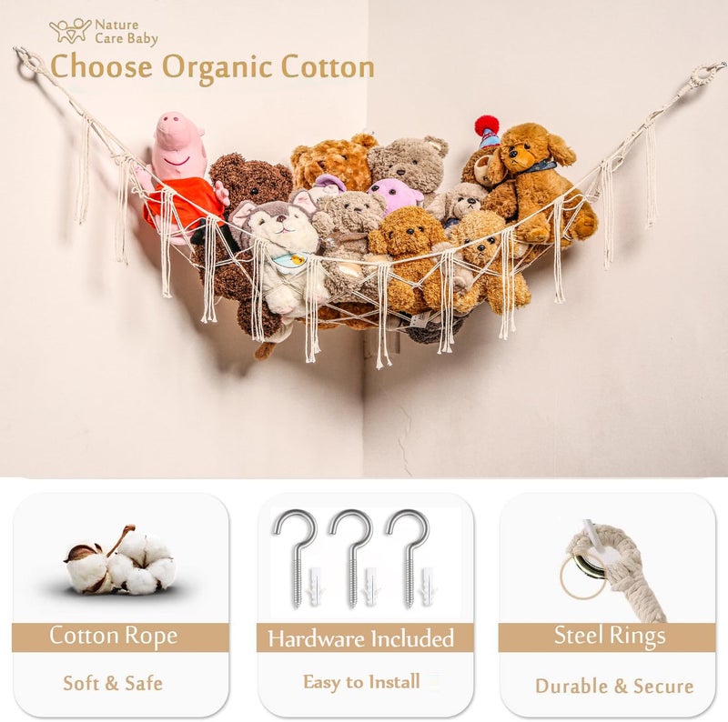 YKBU Stuffed Animals Hammock Corner Hanging Net Macrame Stuffed Animal Storage Plush Toy Holder Toy Organizer for Boho Nursery Playroom Bedroom Kids Room (cream, Large) - Image 3