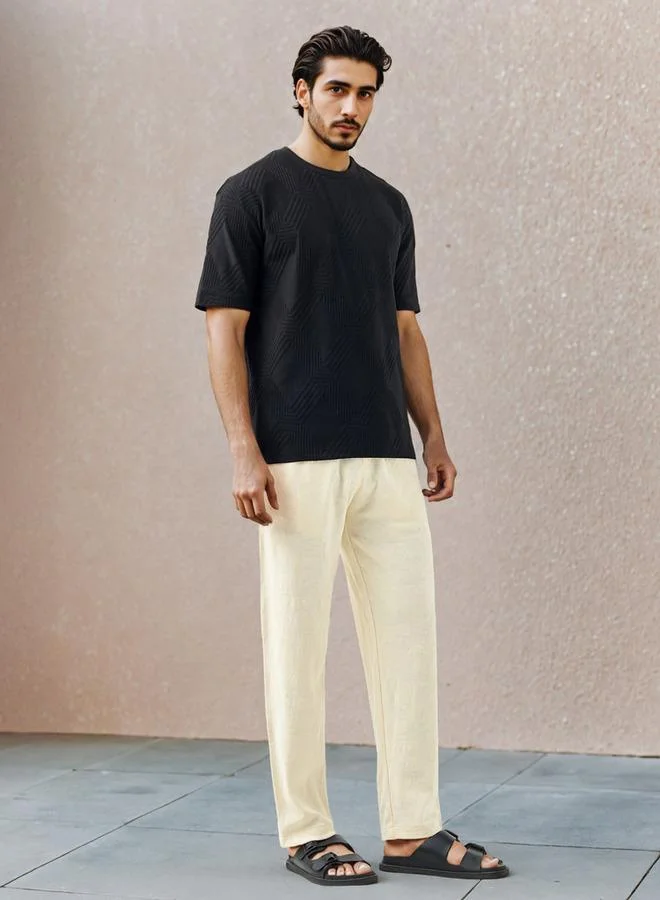 Iconic Iconic Regular Fit Textured Pants with Elasticated Waistband and Pockets