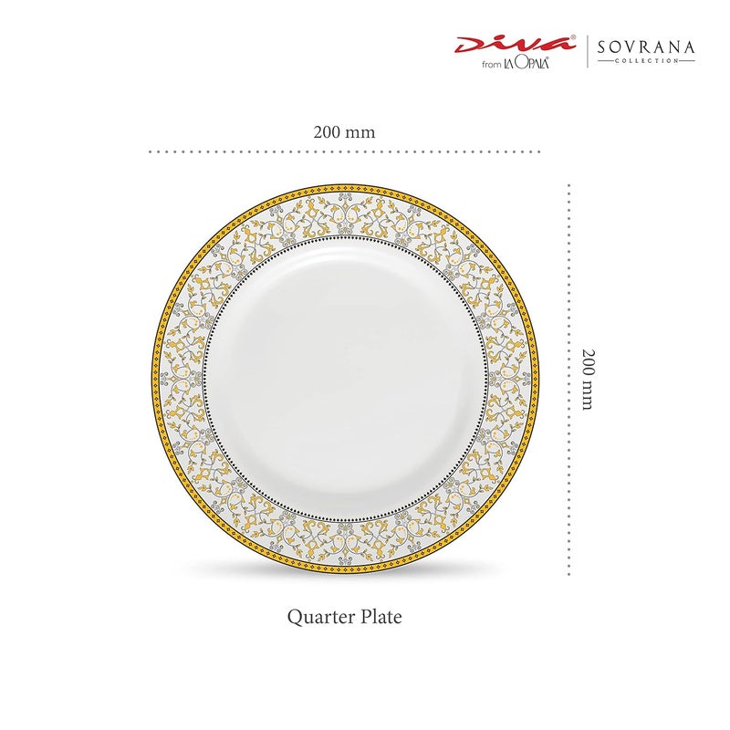 La Opala Diva Sovrana Collection Opal Glass Crockery Quarter Plate Set of 6 Moroccan Gold Side Plate for Snacking Gifting Microwave Safe 100 Vegetarian Extra Strong Super Light White - Image 2