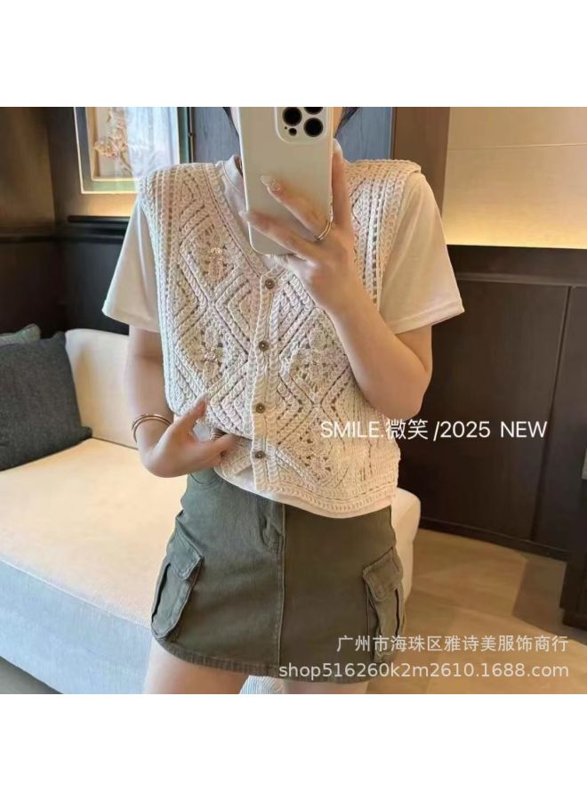 French V-neck Sleeveless Hollow Crocheted Vest Vest Women's Spring New Korean-style Slim Look All-match Trendy Outer Wear Top