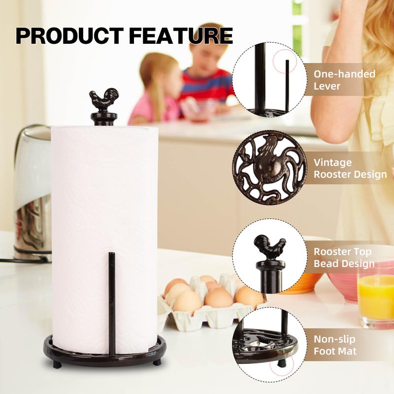 MINLUFUL Vintage Rooster Paper Towel Holder - Easy One Handed Tear Cast Iron Roll Paper Towel Dispenser Countertop, Coffee Gold - Image 2
