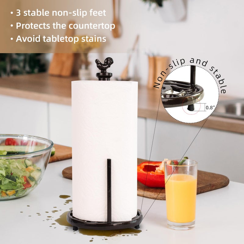 MINLUFUL Vintage Rooster Paper Towel Holder - Easy One Handed Tear Cast Iron Roll Paper Towel Dispenser Countertop, Coffee Gold - Image 3