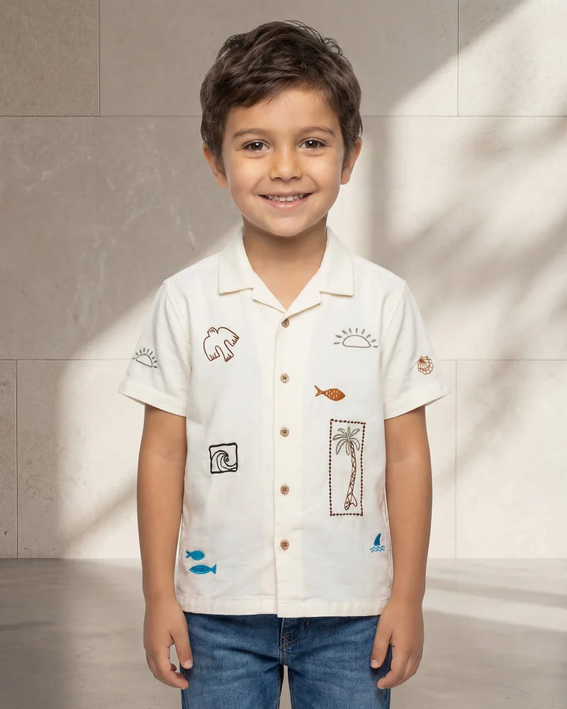 ردتاغ White Cotton Linen Embrodiery Short Sleeve Shirt