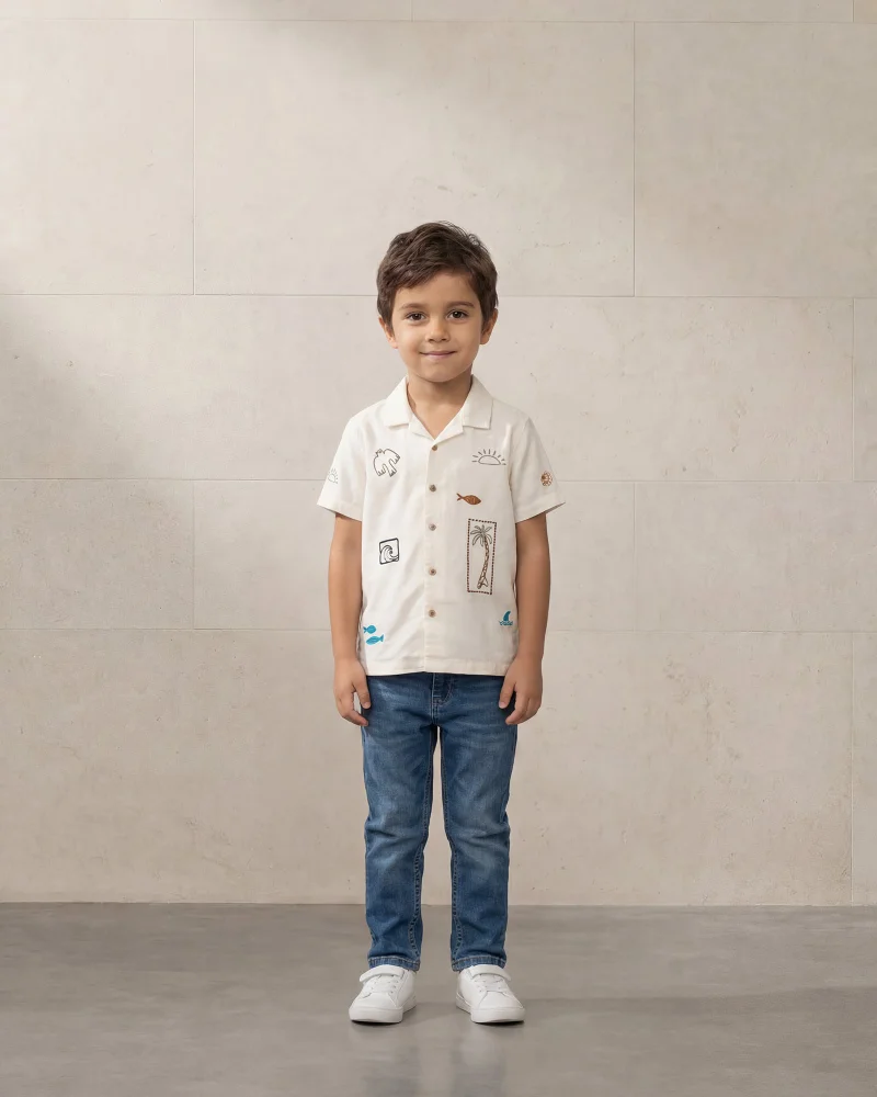 ردتاغ White Cotton Linen Embrodiery Short Sleeve Shirt