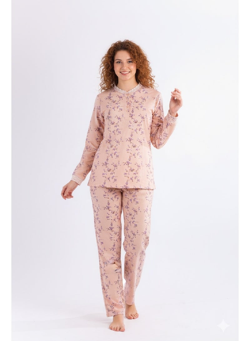 Jet Women’s Winter Pajama Set – Soft and Warm Milton Fabric-Light Salmon with Floral Print