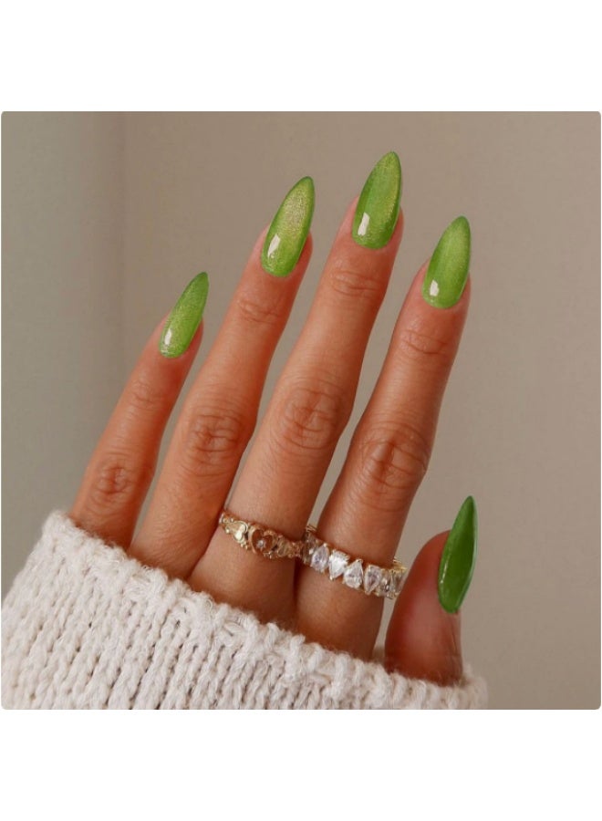 Orange Life Press on nails bright green almond shape glossy fake nails with fresh vibrant color designed for women who want a bold yet clean manicure. This reusable glue on nail set features slim almond nail tips that create a natural look while standing out, working as an acrylic alternative for daily wear nails, office creative styles, minimalist manicure with color, salon look at home routines, and confident seasonal fashion with adhesive tabs. - Image 1
