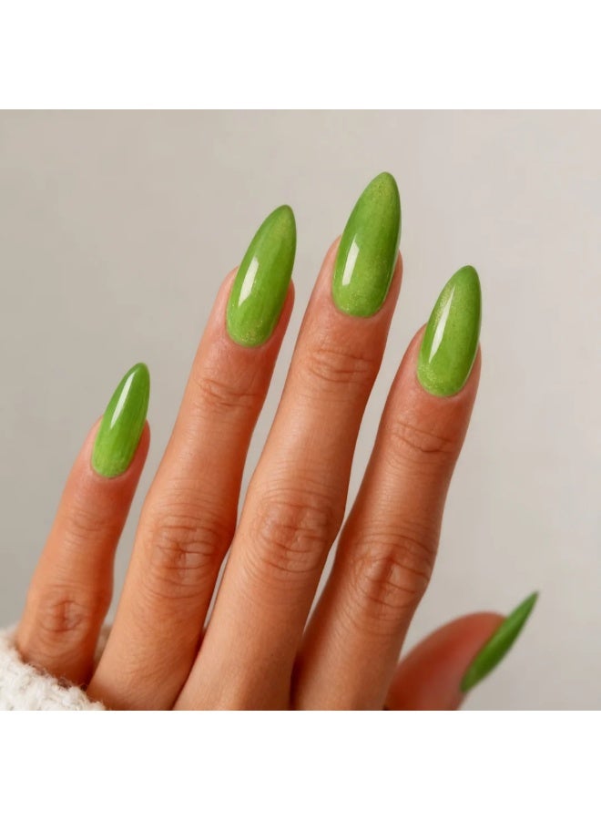 Orange Life Press on nails bright green almond shape glossy fake nails with fresh vibrant color designed for women who want a bold yet clean manicure. This reusable glue on nail set features slim almond nail tips that create a natural look while standing out, working as an acrylic alternative for daily wear nails, office creative styles, minimalist manicure with color, salon look at home routines, and confident seasonal fashion with adhesive tabs. - Image 3