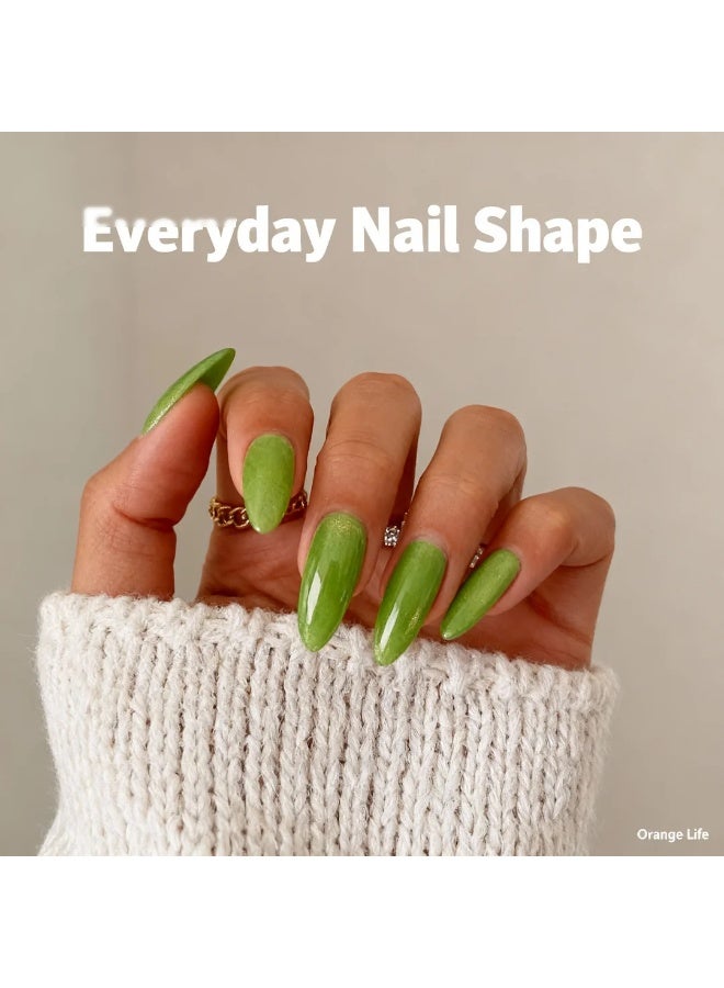 Orange Life Press on nails bright green almond shape glossy fake nails with fresh vibrant color designed for women who want a bold yet clean manicure. This reusable glue on nail set features slim almond nail tips that create a natural look while standing out, working as an acrylic alternative for daily wear nails, office creative styles, minimalist manicure with color, salon look at home routines, and confident seasonal fashion with adhesive tabs. - Image 2