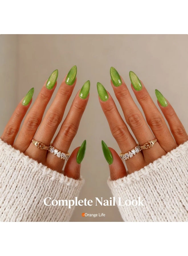 Orange Life Press on nails bright green almond shape glossy fake nails with fresh vibrant color designed for women who want a bold yet clean manicure. This reusable glue on nail set features slim almond nail tips that create a natural look while standing out, working as an acrylic alternative for daily wear nails, office creative styles, minimalist manicure with color, salon look at home routines, and confident seasonal fashion with adhesive tabs. - Image 4