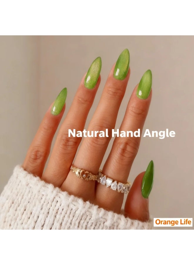 Orange Life Press on nails bright green almond shape glossy fake nails with fresh vibrant color designed for women who want a bold yet clean manicure. This reusable glue on nail set features slim almond nail tips that create a natural look while standing out, working as an acrylic alternative for daily wear nails, office creative styles, minimalist manicure with color, salon look at home routines, and confident seasonal fashion with adhesive tabs. - Image 5