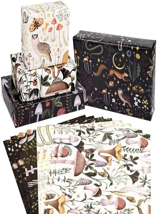 Bolsome 12 Sheets Mushroom Wrapping Paper Black White Insect Berry Squirrel Owl Mushroom Gift Wrap Paper Retro Forest Art Craft Paper for Birthday Baby Shower Wrapping Supplies, 19.7 × 27.5 Inch - Image 4