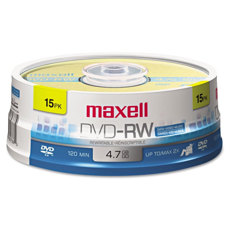 Maxell Maxell Dvd-Rw Rewritable Disc, 4.7 Gb, 2x, Spindle, Gold, 15/pack