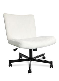 JANTENS Thick Padded Fluff Cross Study Chair,Wide Adjustable Office Chair,Armless Vanity Chair Cream White  - Image 1