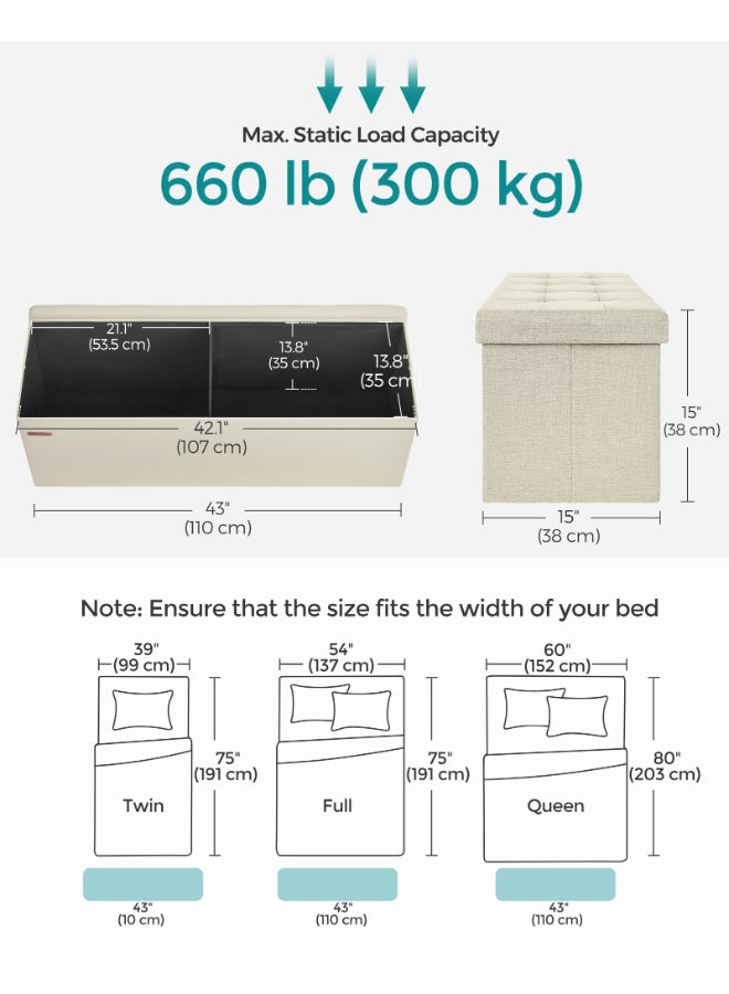 SONGMICS Stool with Storage Space,Folding Bench, 38 x 110 x 38 cm Footstool, Storage Box, Maximum Load 300 kg, for Living Room, Bedroom, Hallway, Cream White - Image 4