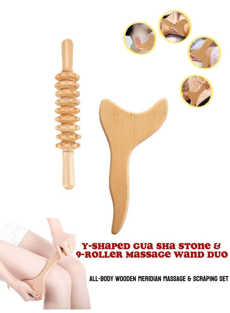 jingpin 2-in-1 Wooden Massage Kit for Home Use, Gua Sha and Muscle Rolling, Suitable for Neck, Shoulder, Back, Waist and Legs - Image 1