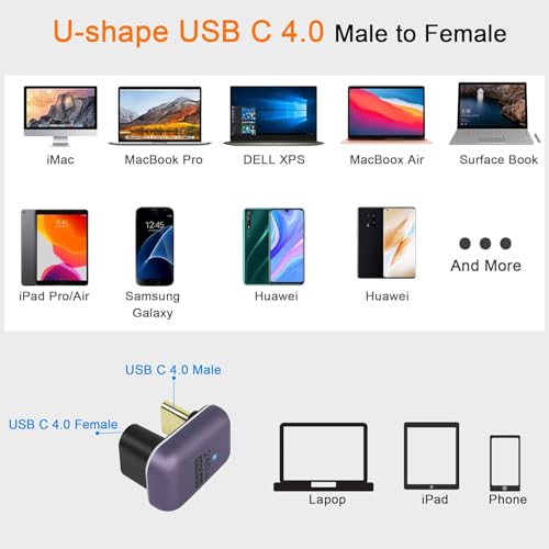 ETZIN 240W 40Gbps USB C U Shaped Adapter USB4.0 Type C Male to Female 180 Degree Angle Connector, LED Indicator 8k@60HZ Audio and Video Transmission, for Smartphone Laptop Tablet - Image 5