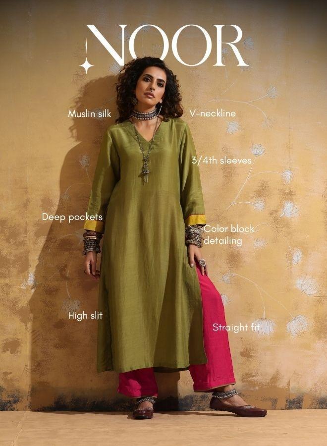 trueBrowns Green Muslin Silk High-Slit Kurta Pant Set - Image 4