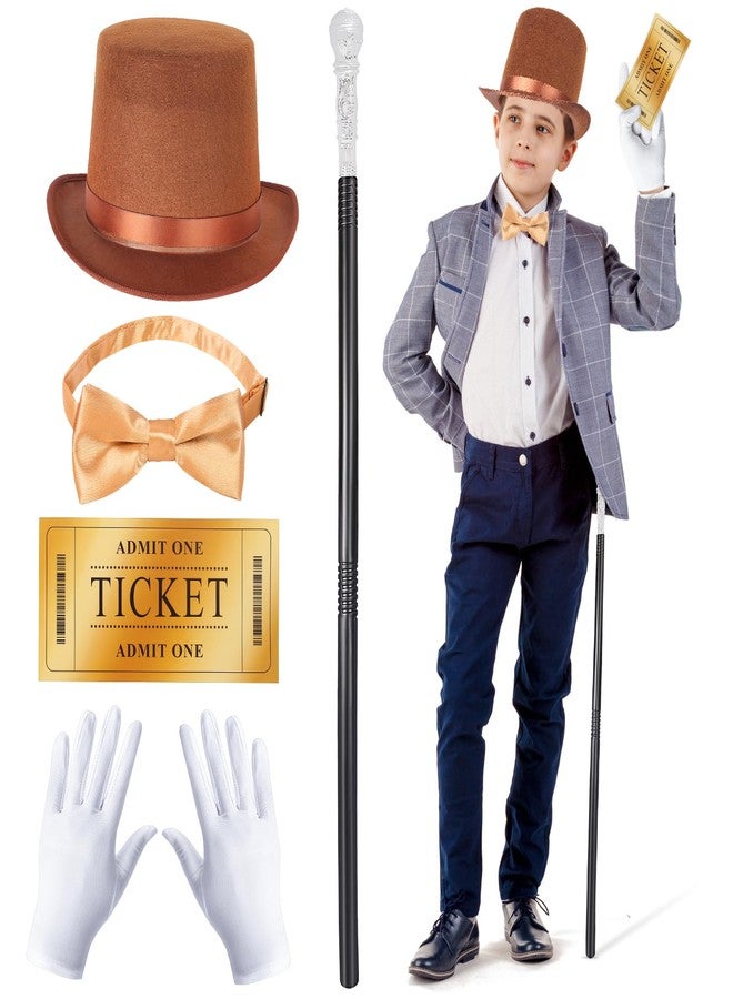Yewong 5 Pieces Kids Halloween Top Hat Costume Accessories Set Includes Brown Top Hat Walking Scepter Bow Tie Gloves Gold Admit Ticket for Halloween Movie Cosplay Party - Image 1