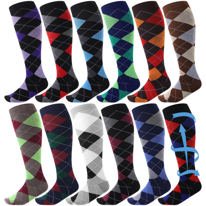 Shyyween 12 Pairs Men Dress Compression Socks Mens Knee Long Light Socks 815 Mmhg Graduated Support Fathers Day Idea GiftLxlColorful Argyle - Image 2