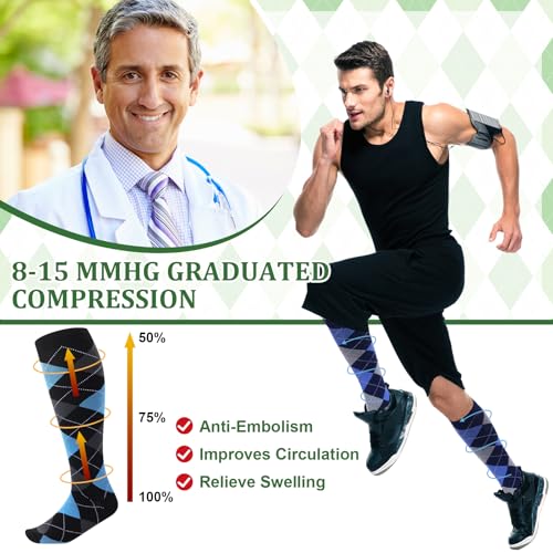 Shyyween 12 Pairs Men Dress Compression Socks Mens Knee Long Light Socks 815 Mmhg Graduated Support Fathers Day Idea GiftLxlColorful Argyle - Image 3
