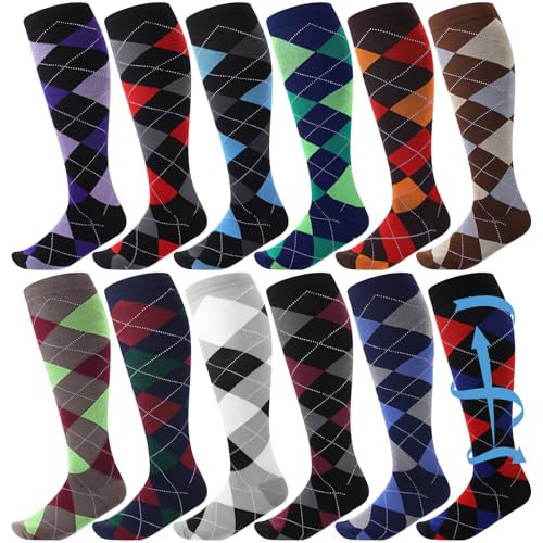 Shyyween 12 Pairs Men Dress Compression Socks Mens Knee Long Light Socks 815 Mmhg Graduated Support Fathers Day Idea GiftLxlColorful Argyle - Image 1