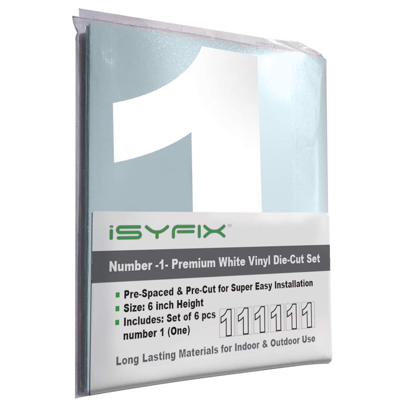 iSYFIX White Vinyl Number 1 (One) Stickers - 6 Pack 6 inch Self Adhesive - Decal Die Cut & Pre-Spaced for Mailbox, Signs, Window, Door, Cars, Trucks, Home, Business, Address Number, Indoor & Outdoor - Image 1