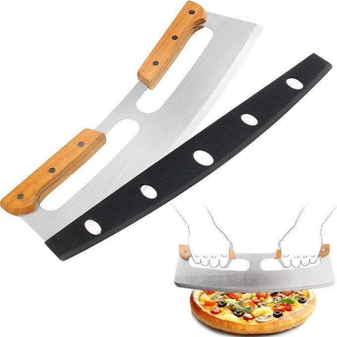 PIZZA CUTTER ROCKER WITH WOODEN HANDLES PROTECTIVE COVER BY ZOCY 14 SHARP STAINLESS STEEL PIZZA SLICER WHEEL BIG PIZZA KNIFE CUTTERS FOR KITCHEN TOOL 14INCH