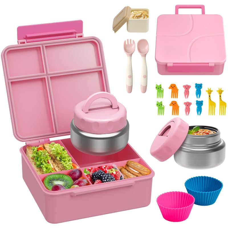 Bento Lunch Box with 95 oz Soup Thermo Kids Leakproof 4 Compartments Bento Box with Silicone CupcakeFruit ForkSpoon and Sauce CupInsulated Food Jar for School TravelPink
