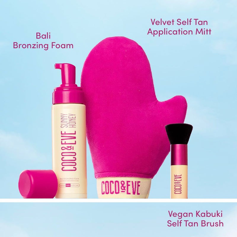 Coco & Eve Sunny Honey Bali Bronzing Bundle (Medium). All Natural Sunless Tanning Mousse. Instant Self Tanning Lotion with Bronzer, Mitt Applicator and Kabuki Brush. - Image 4