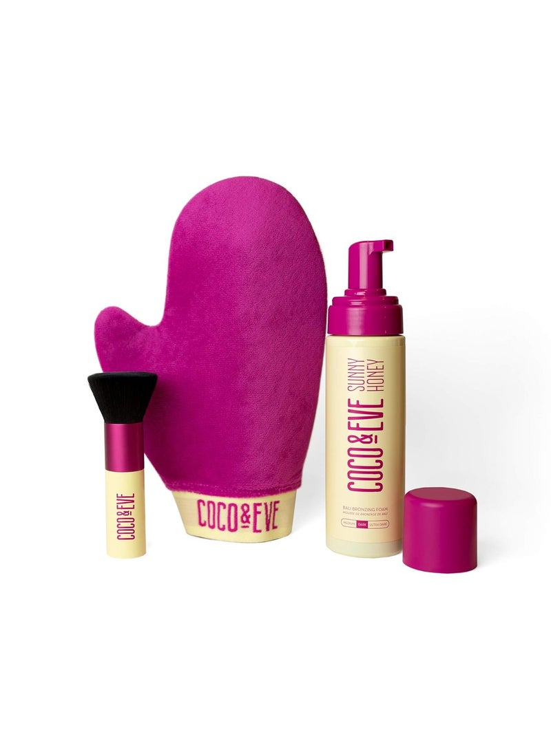 COCO & EVE Coco & Eve Sunny Honey Bali Bronzing Bundle (Medium). All Natural Sunless Tanning Mousse. Instant Self Tanning Lotion with Bronzer, Mitt Applicator and Kabuki Brush.  - Image 1