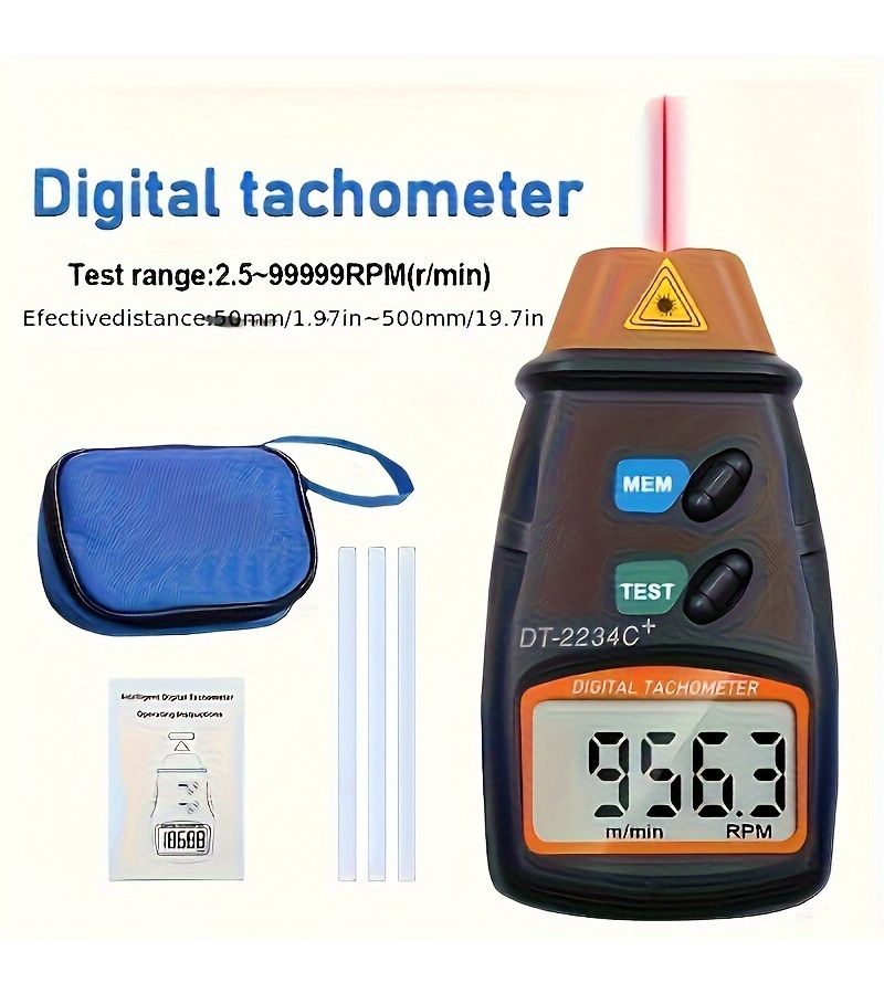 DT2234 C Plus Mini Laser Tachometer Orange Non Contact Digital Display High Precision 0.01 RPM Battery Powered Portable With Carrying Case And Accessories Precision Measurement Tool User Friendly Design Compact - Image 1