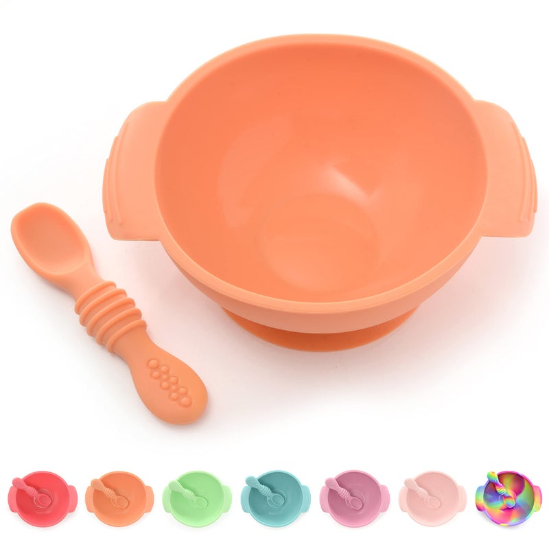 PrimaStella Unbreakable Silicone NonSlip Bowl and Chew Spoon Set for Babies and Toddlers Orange