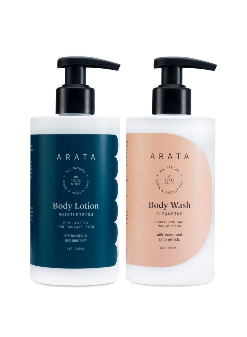 ARATA Natural Body Care Set For Women & Men With Body Lotion (300 ML) & Body Wash (300 ML) || All-Natural, Vegan & Cruelty-Free || For Intensive Nourishment & Toxin-Free Cleansing - Image 1